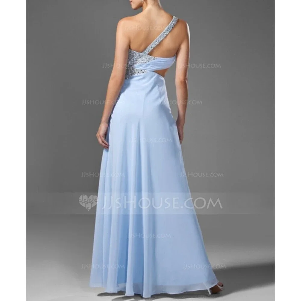 JJ's House prom gown one-shoulder chiffon beading sequin split-front cut-out wai - Picture 5 of 16